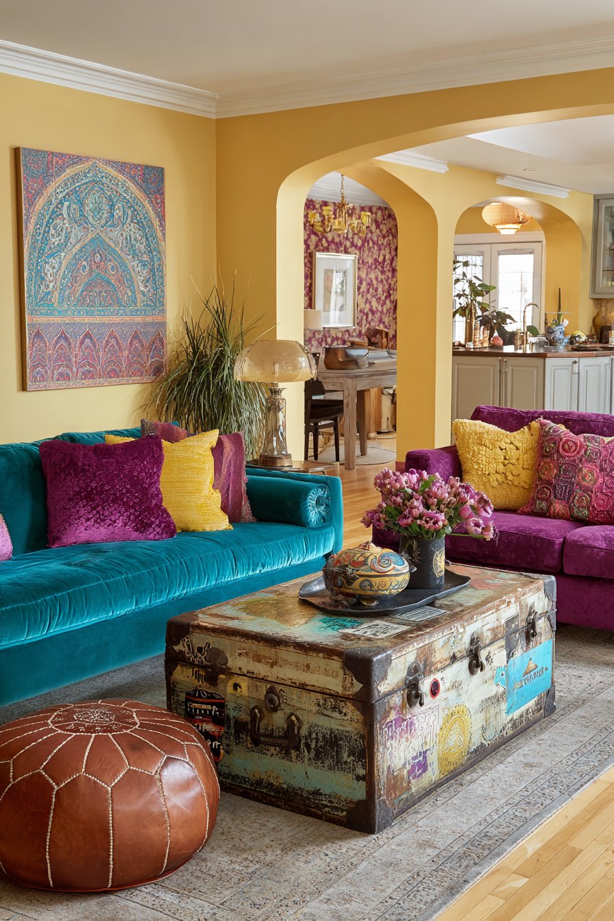 Jewel-Tone Velvet Sofas with Antique Trunk Table