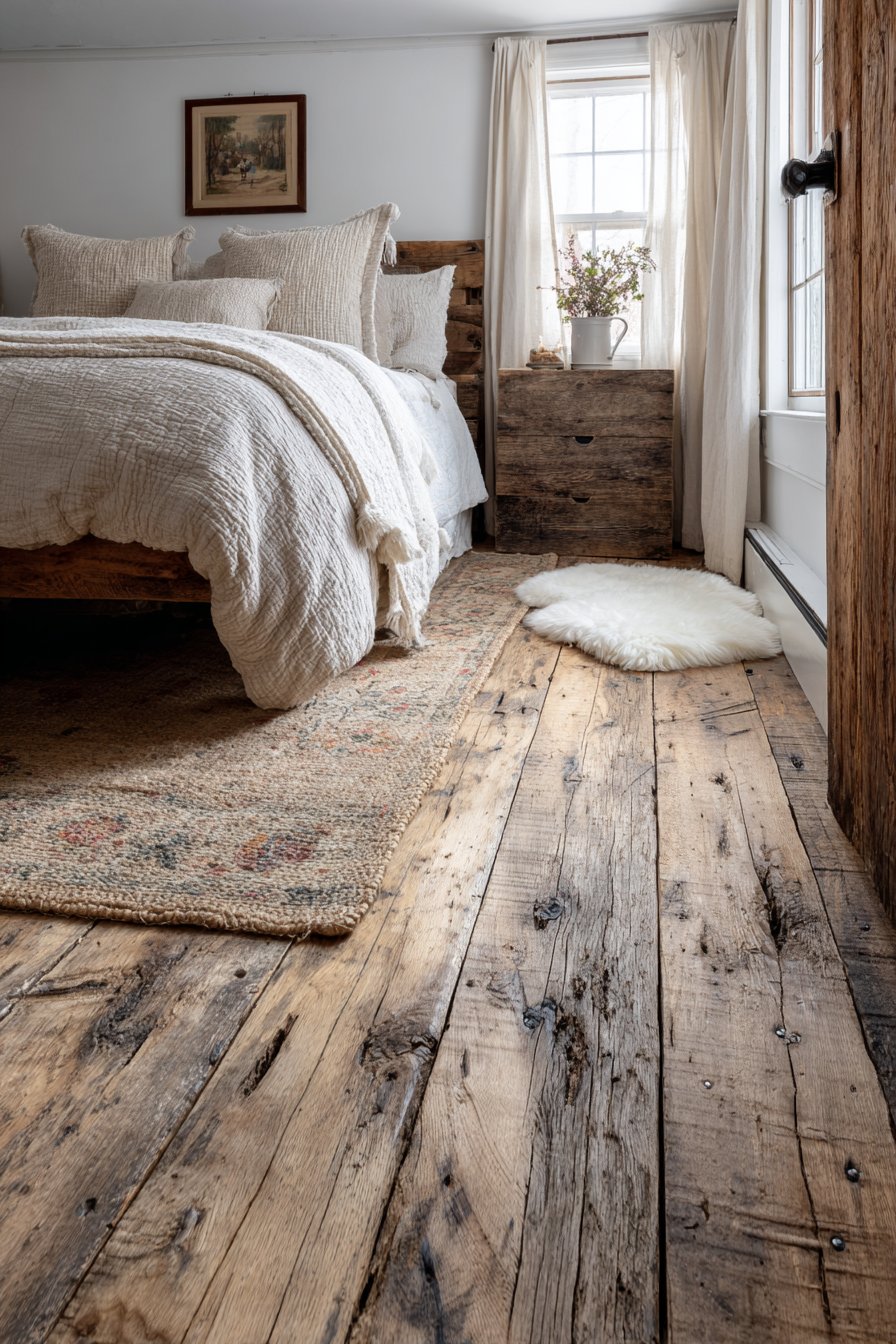 Reclaimed Wood Floor with Layered Rugs