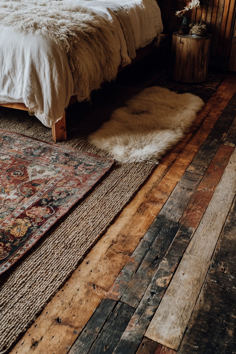 Reclaimed Wood Floor with Layered Rugs