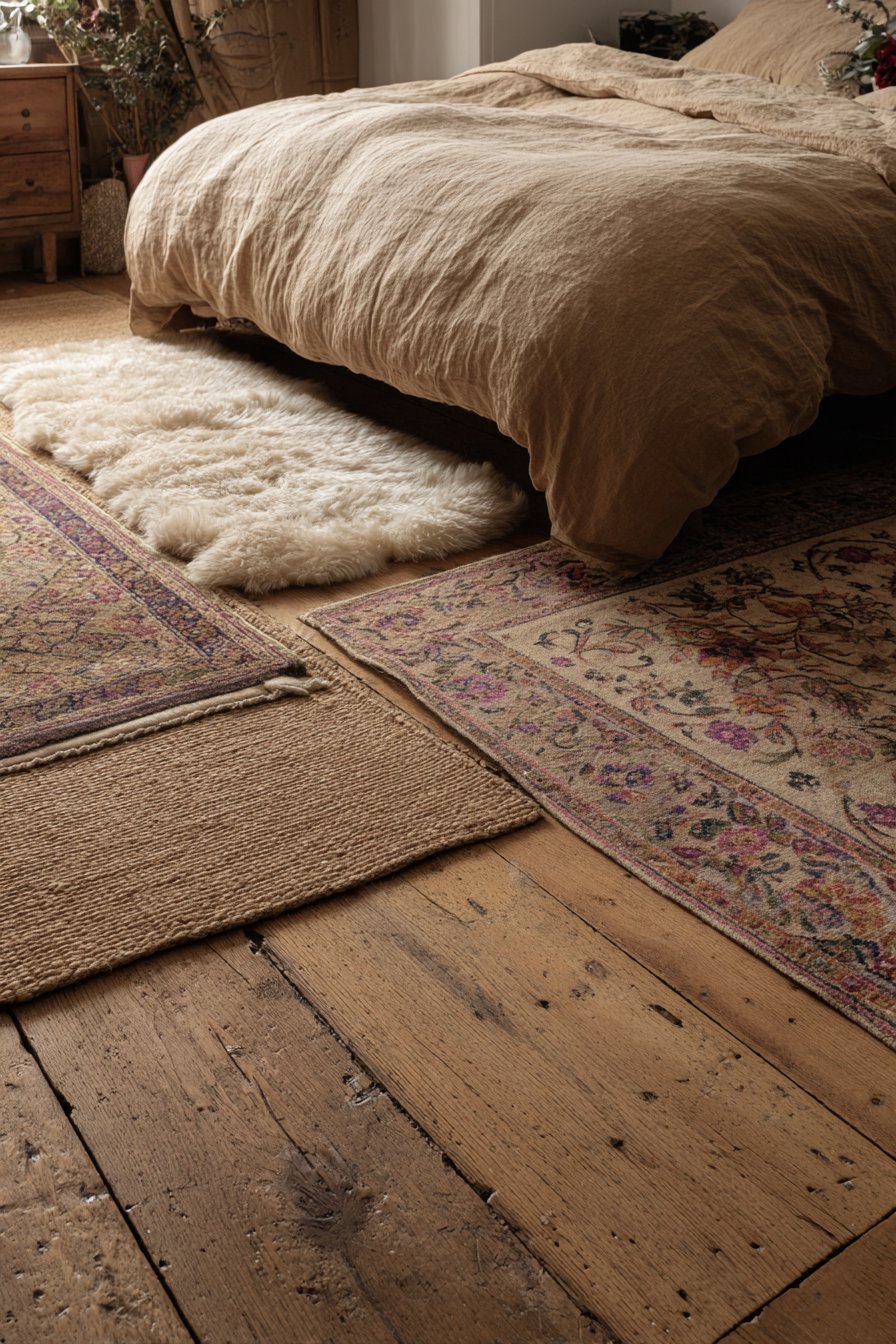Reclaimed Wood Floor with Layered Rugs