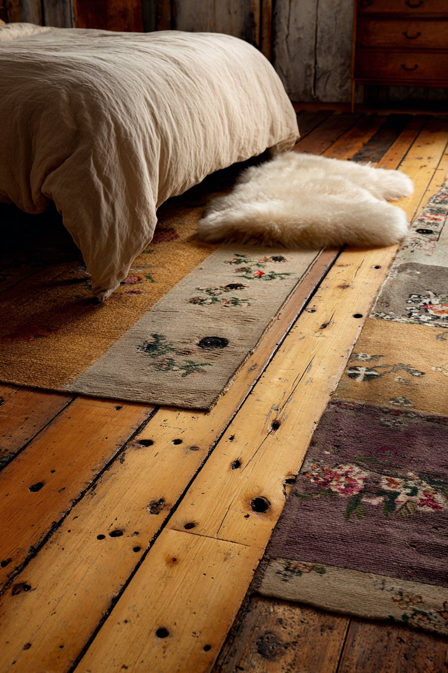 Reclaimed Wood Floor with Layered Rugs