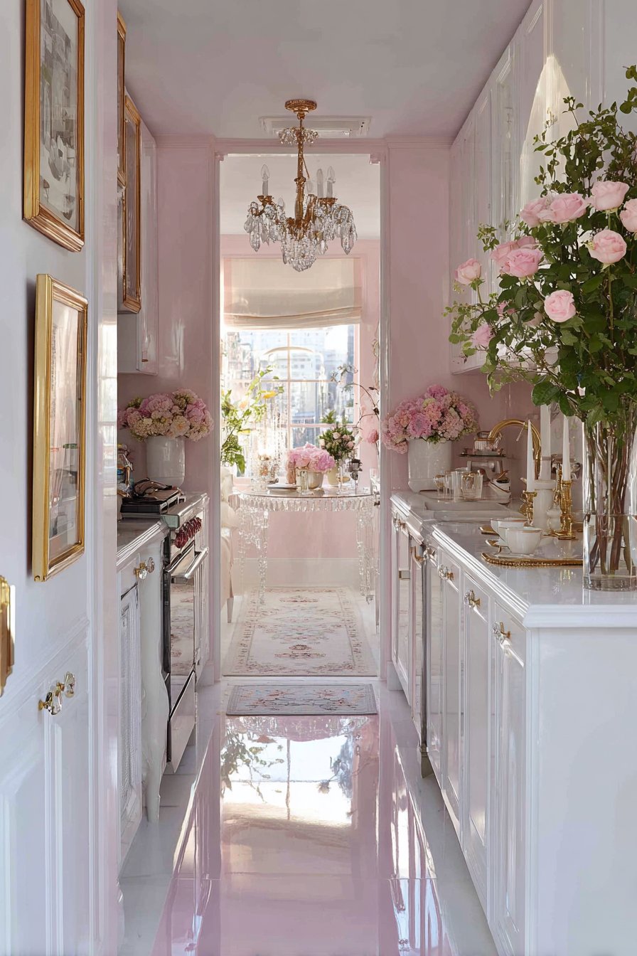 Compact Galley Kitchen with Pink Walls