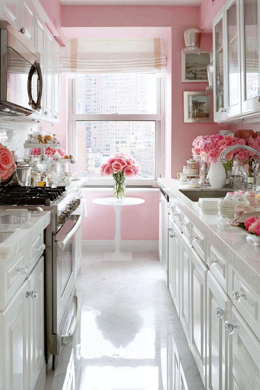 Compact Galley Kitchen with Pink Walls