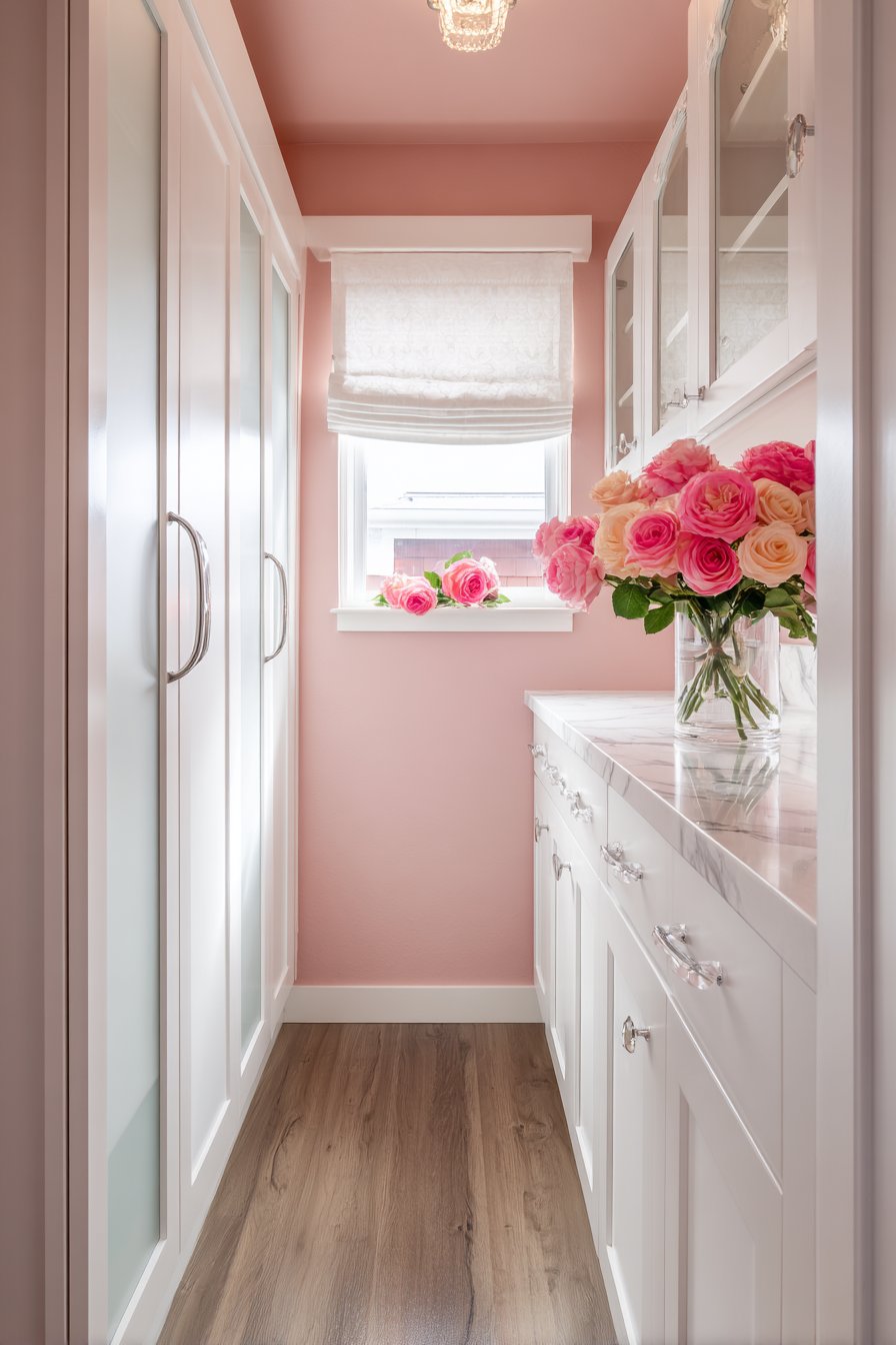 Compact Galley Kitchen with Pink Walls