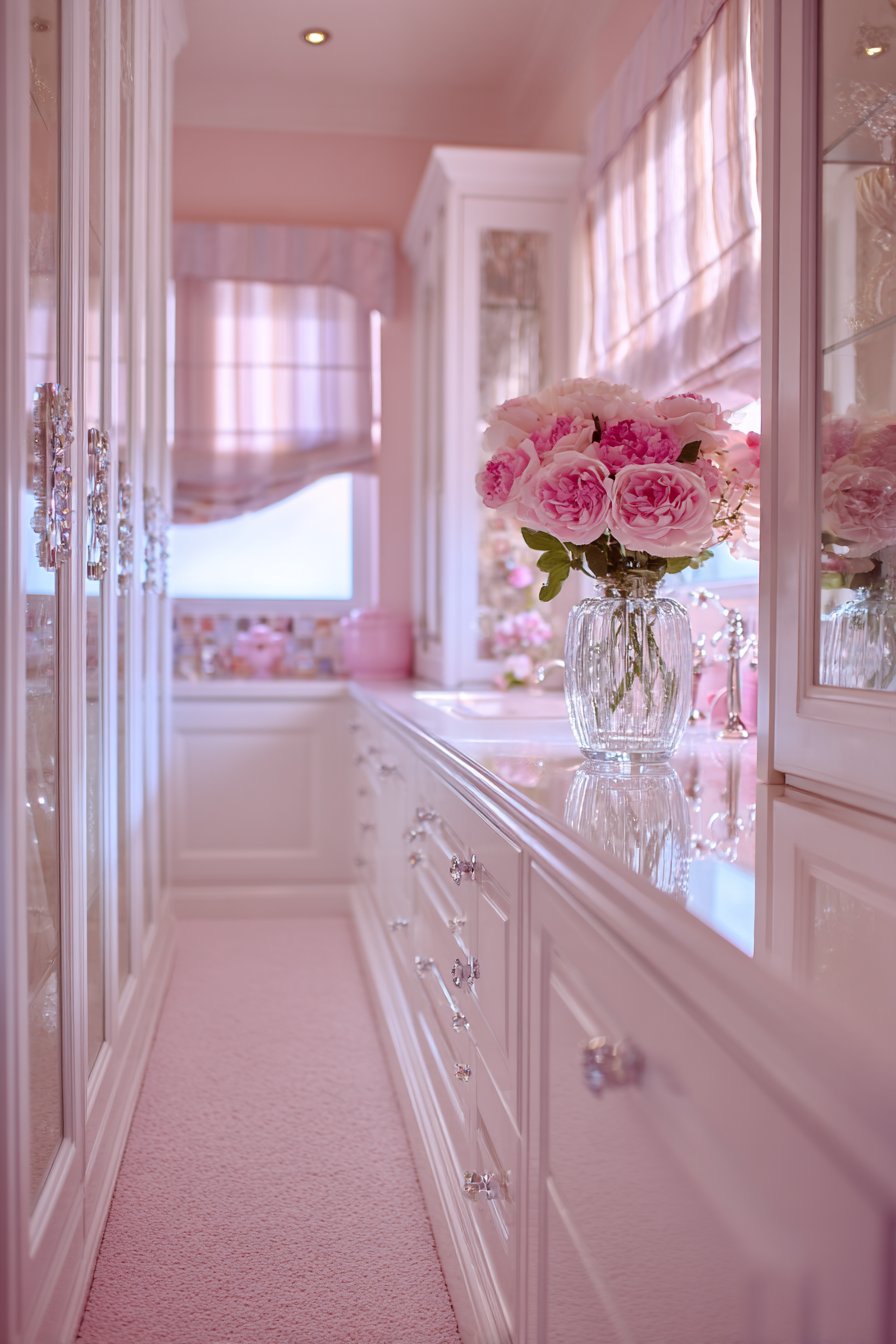 Compact Galley Kitchen with Pink Walls