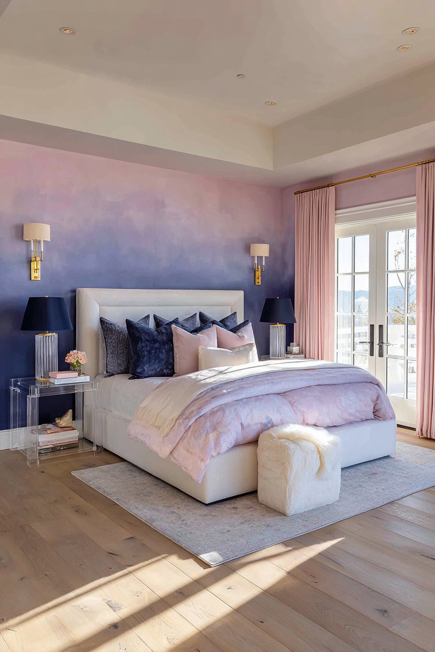 Navy Paneled Accent Wall with Pink Bedding
