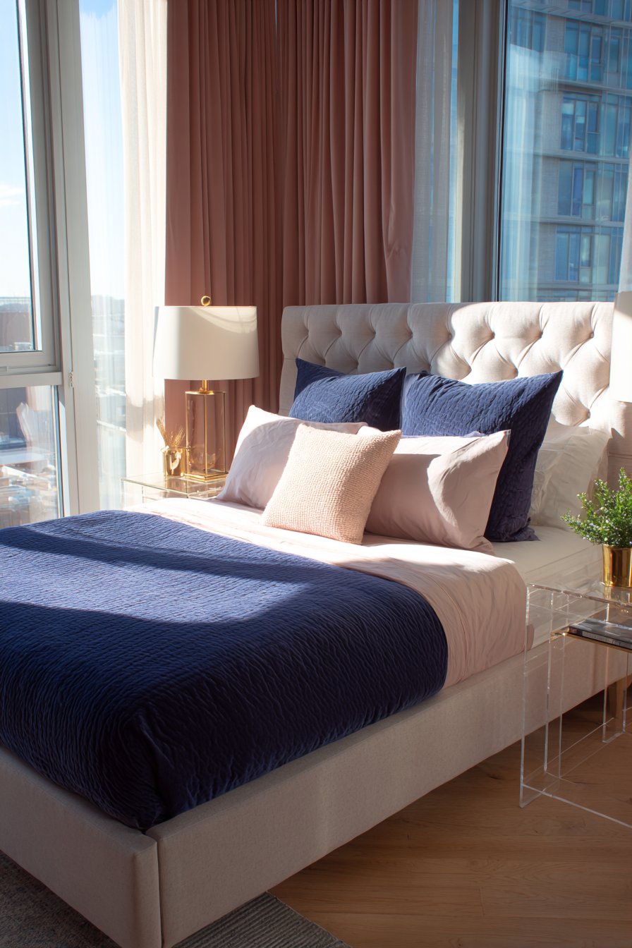 Navy Paneled Accent Wall with Pink Bedding