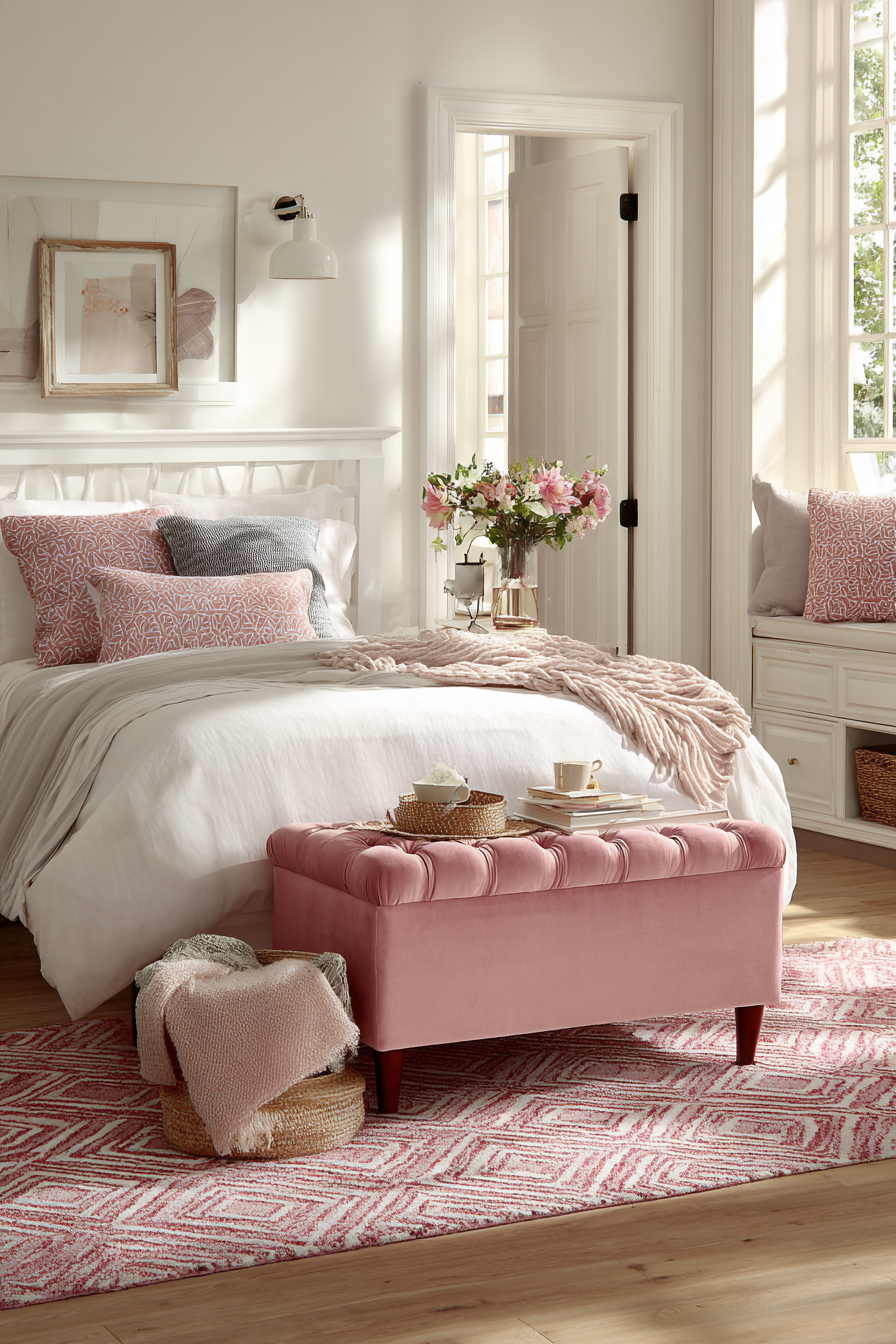 Practical Pink Tufted Storage Bench