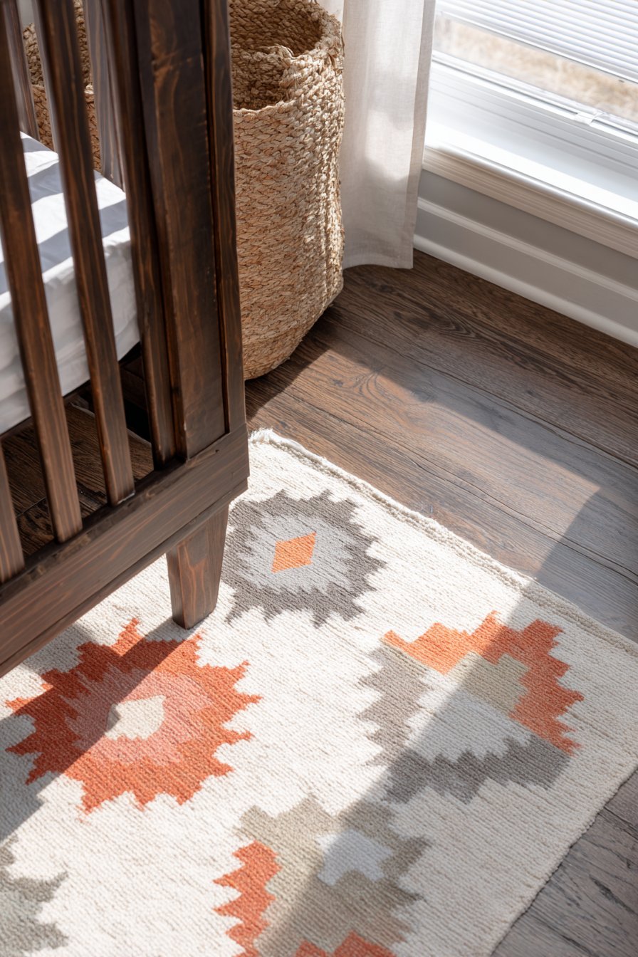 Natural Oak Flooring with Geometric Rug