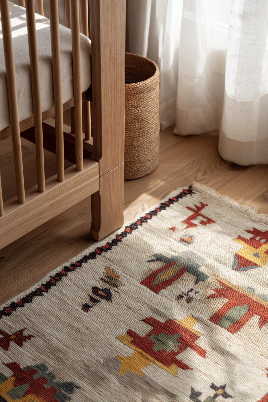 Natural Oak Flooring with Geometric Rug