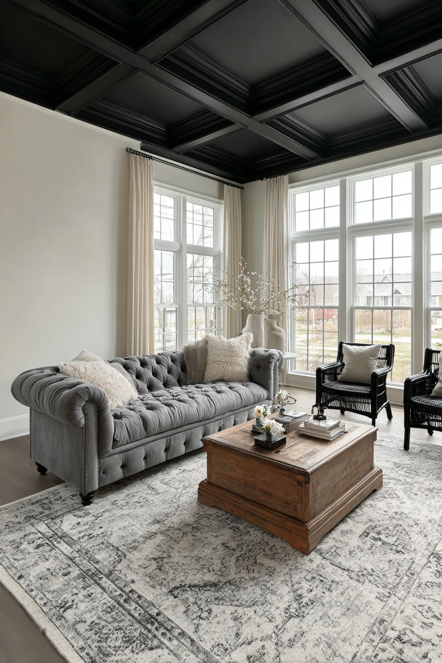 Dramatic Black Coffered Ceiling Design