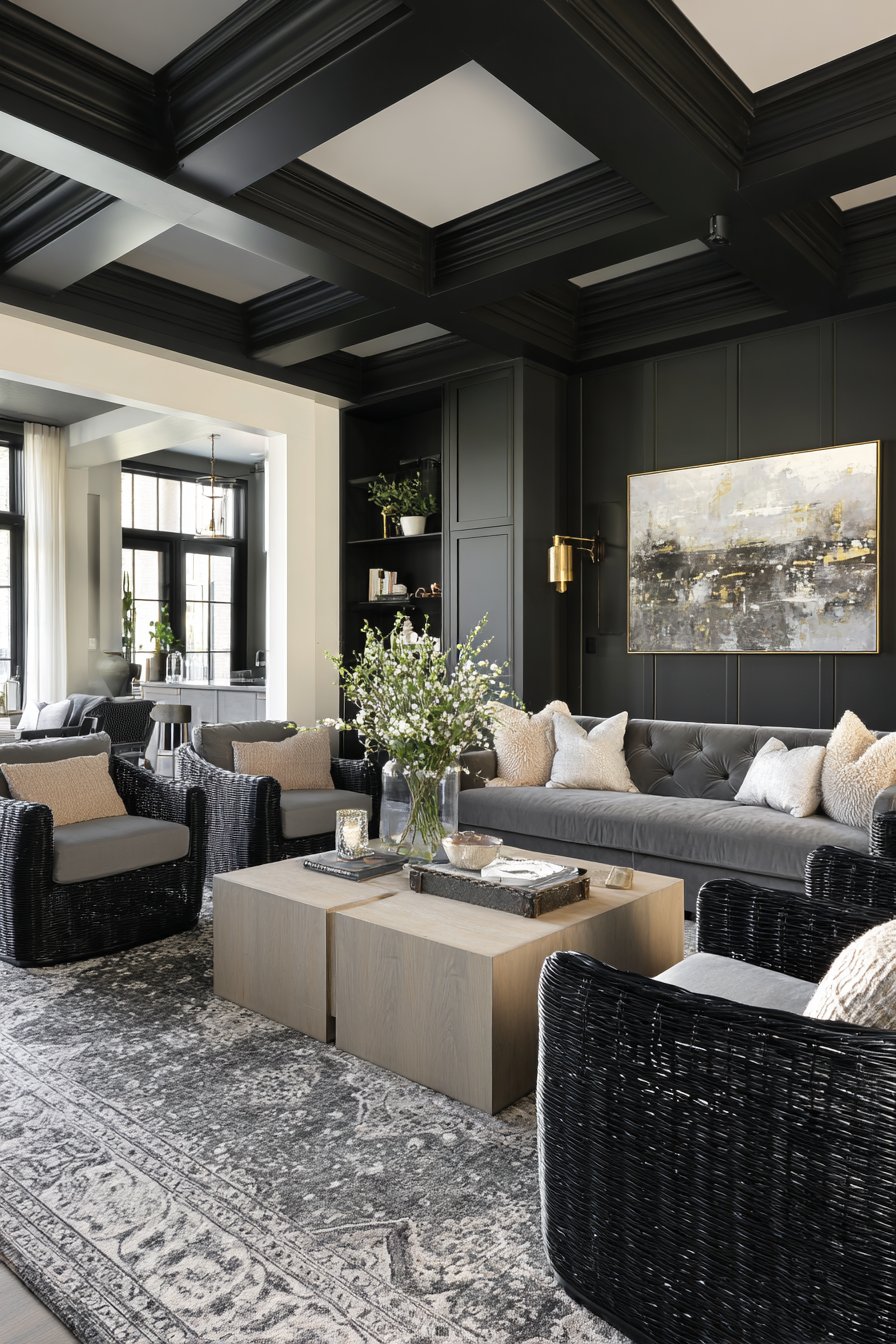 Dramatic Black Coffered Ceiling Design