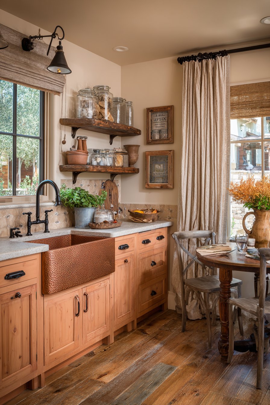 Honey Pine with Copper Farmhouse Sink