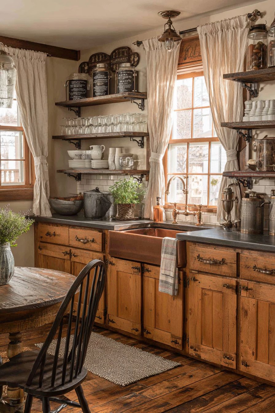 Honey Pine with Copper Farmhouse Sink