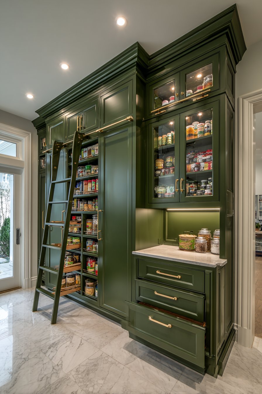 Hunter Green Pantry Wall with Library Ladder