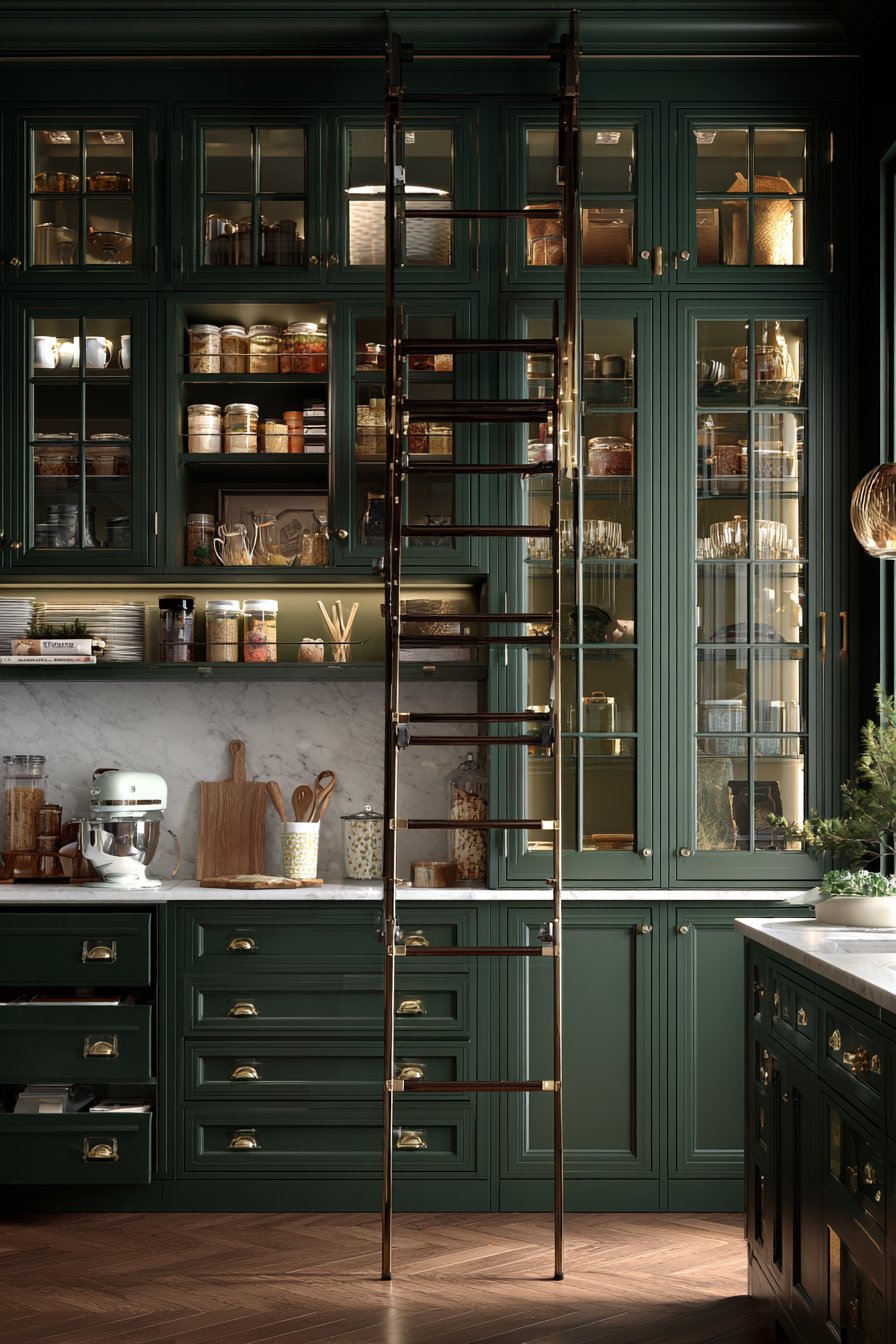 Hunter Green Pantry Wall with Library Ladder