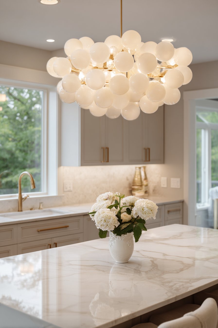 Statement Chandelier Above Kitchen Island