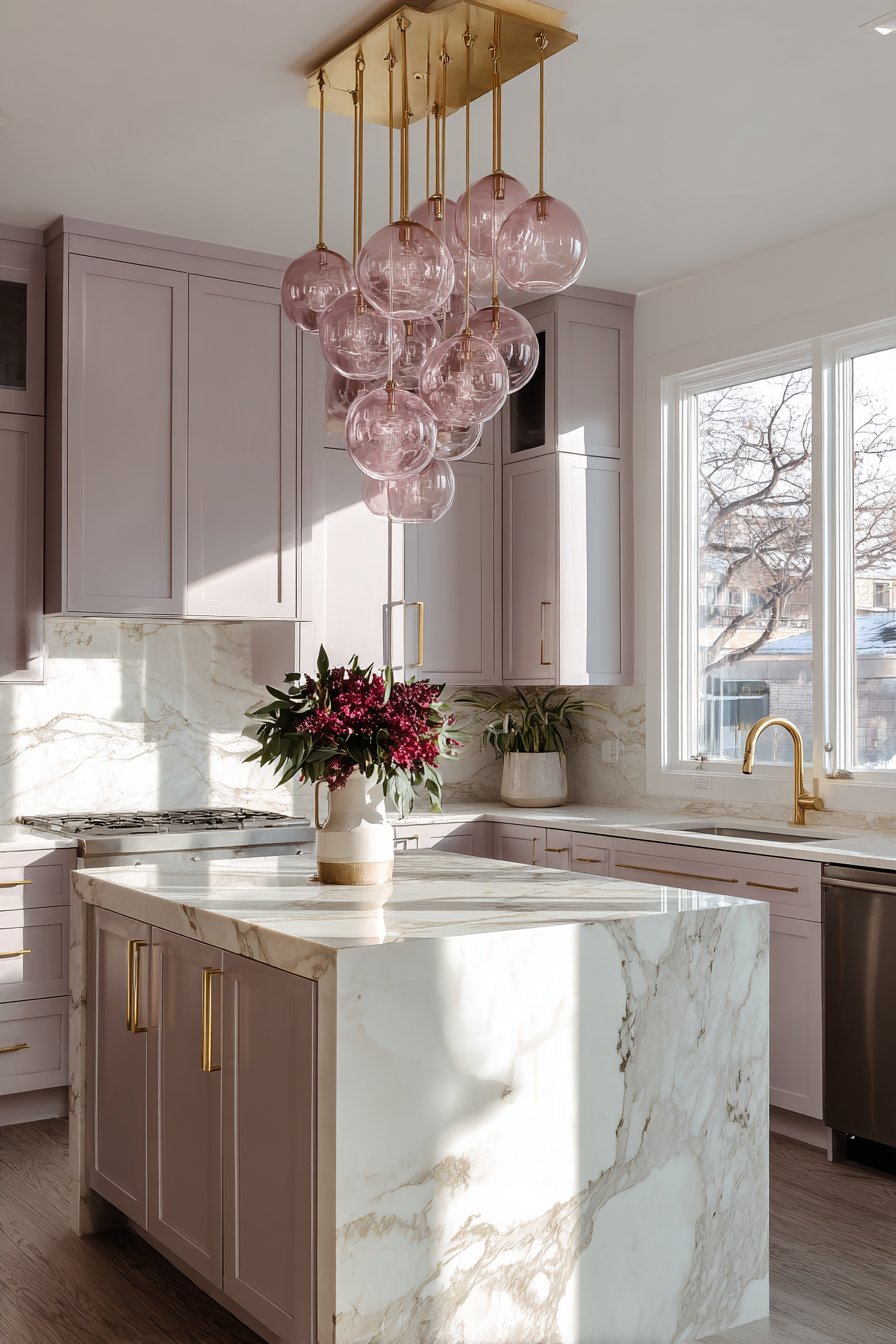 Statement Chandelier Above Kitchen Island