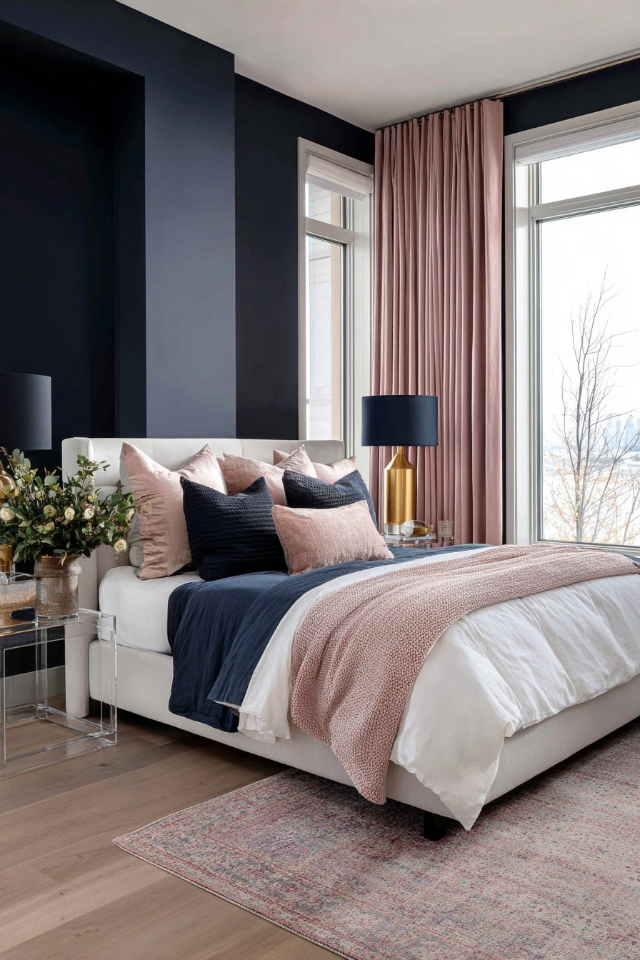 Pink Grasscloth with Navy Furniture Suite