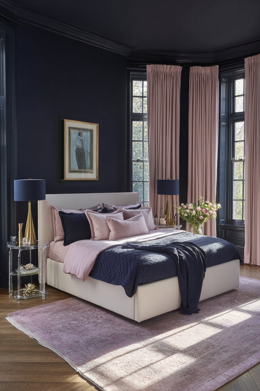 Pink Grasscloth with Navy Furniture Suite