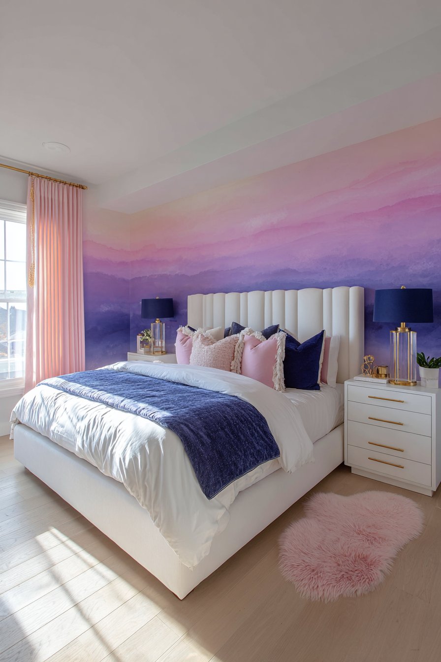 Pink Grasscloth with Navy Furniture Suite