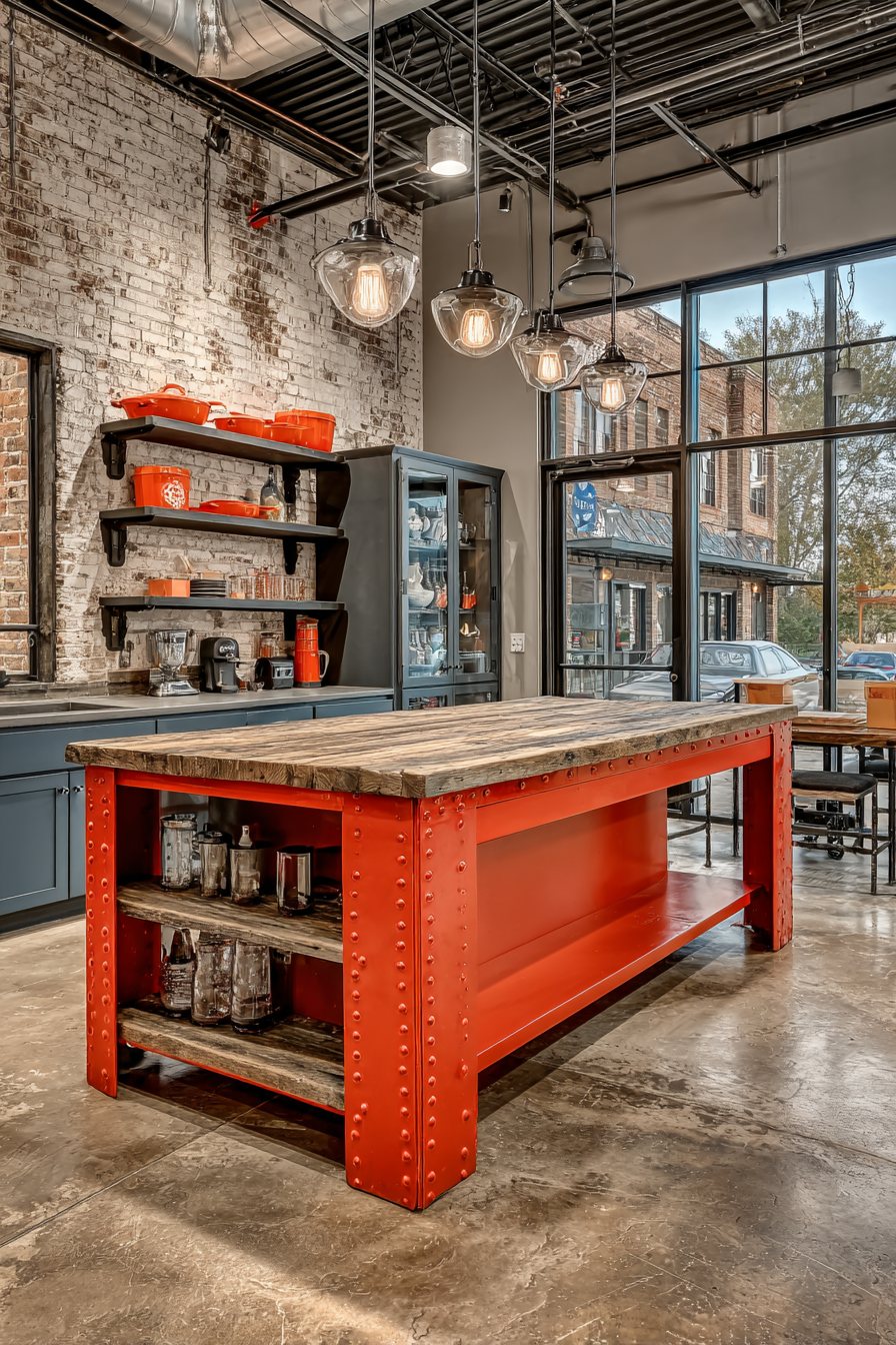 Industrial Orange Metal Island Kitchen