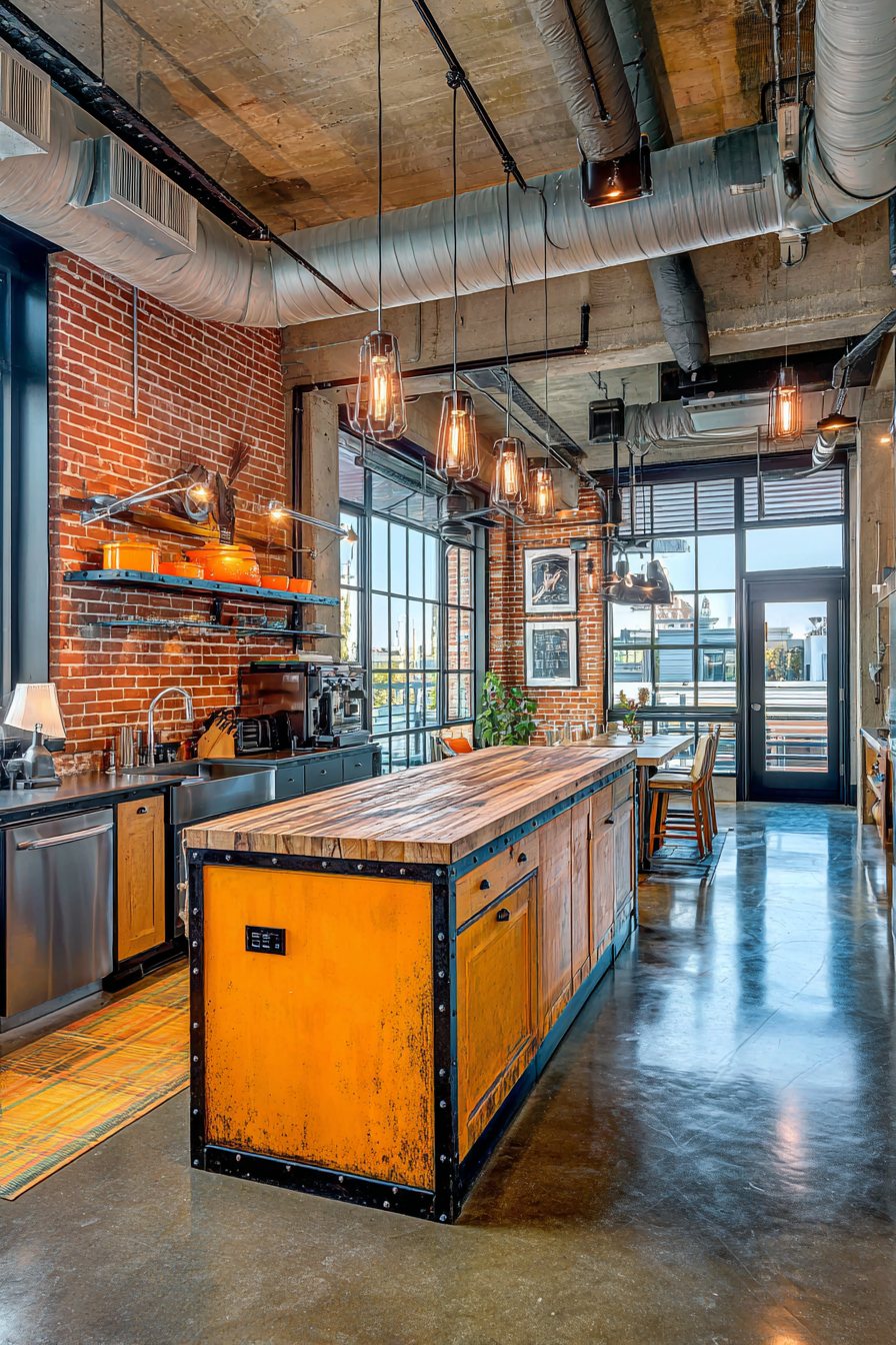 Industrial Orange Metal Island Kitchen