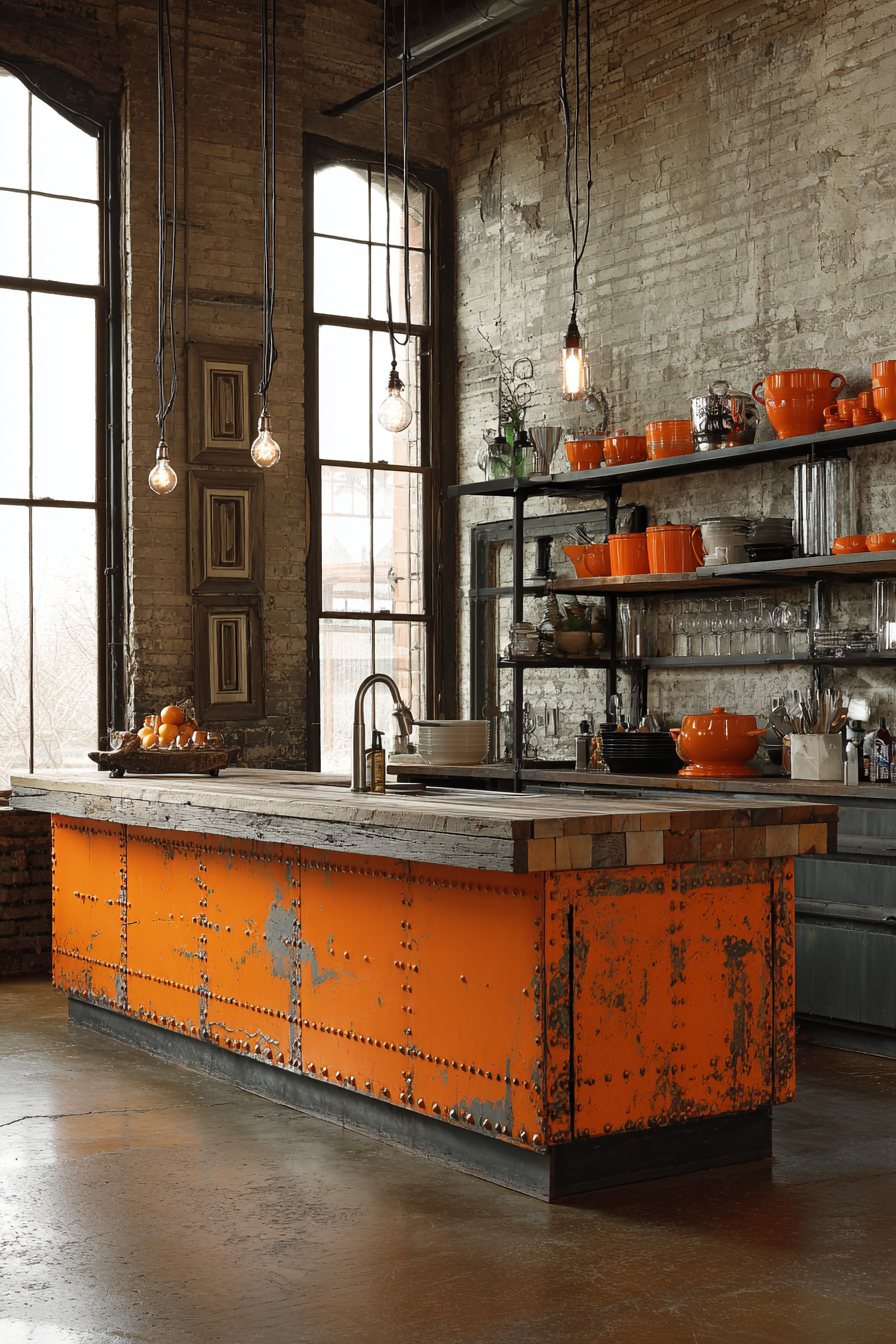 Industrial Orange Metal Island Kitchen
