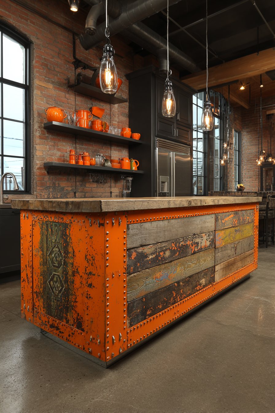 Industrial Orange Metal Island Kitchen