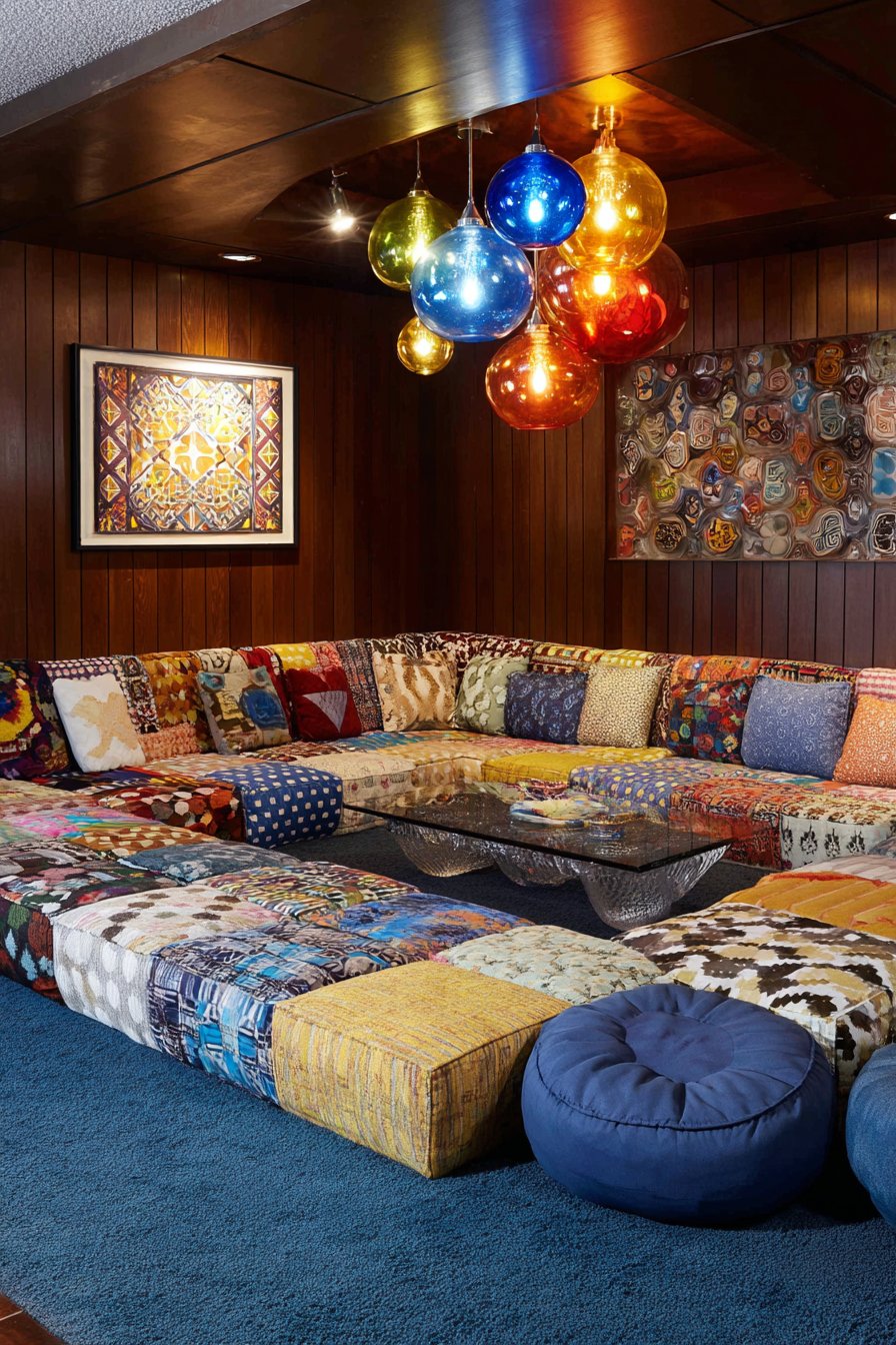 Sunken Conversation Pit with Patchwork Upholstery