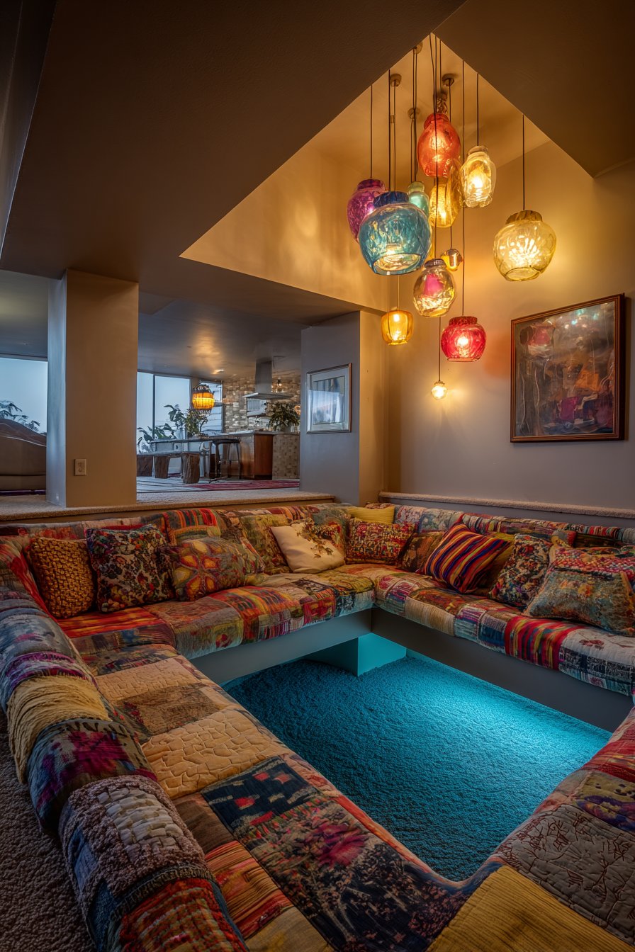 Sunken Conversation Pit with Patchwork Upholstery