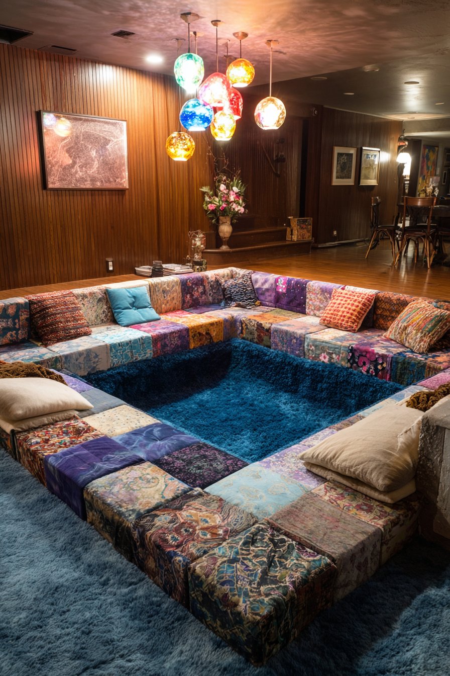 Sunken Conversation Pit with Patchwork Upholstery