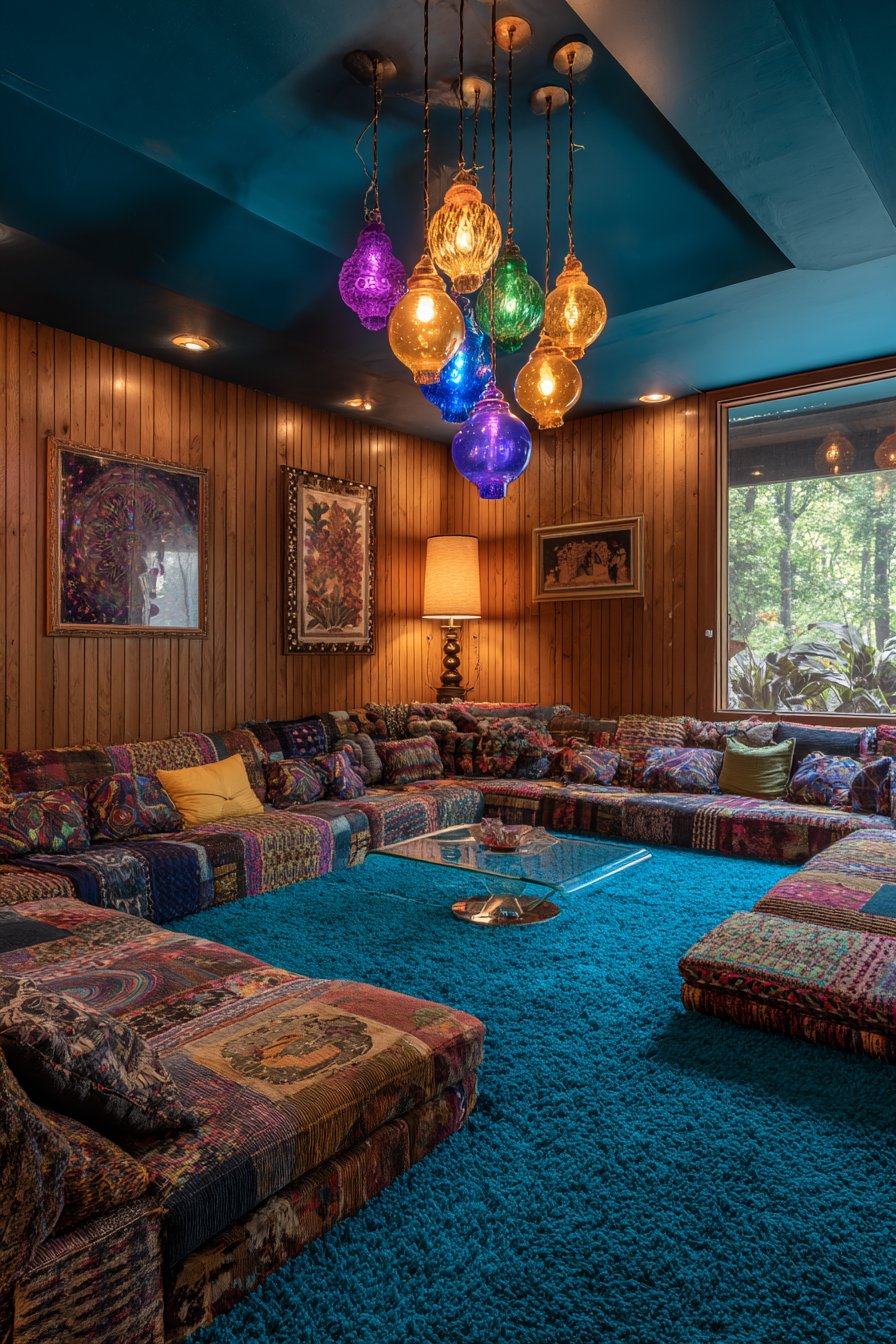 Sunken Conversation Pit with Patchwork Upholstery