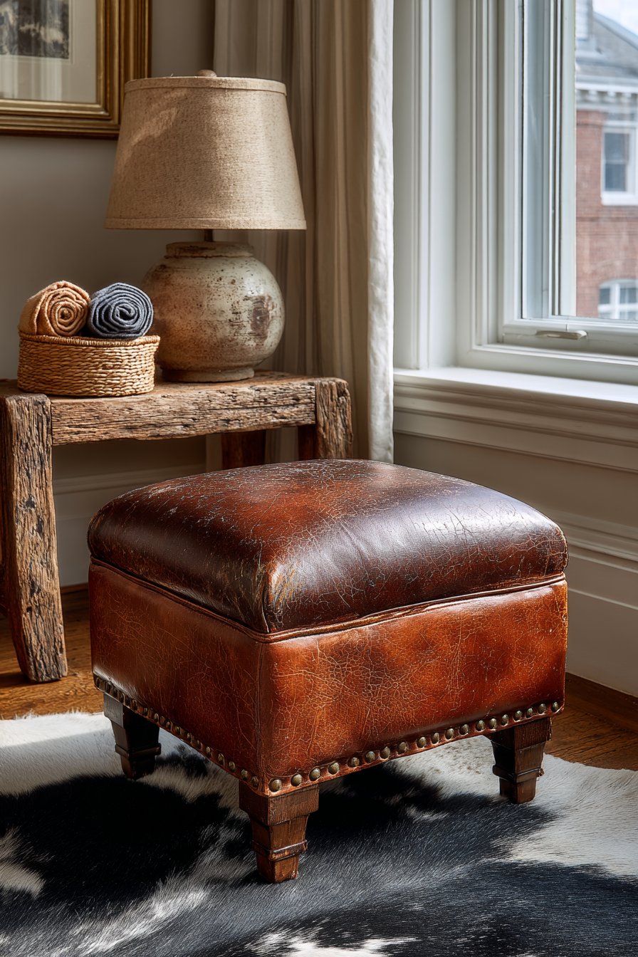 Textured Seating with Leather Ottoman