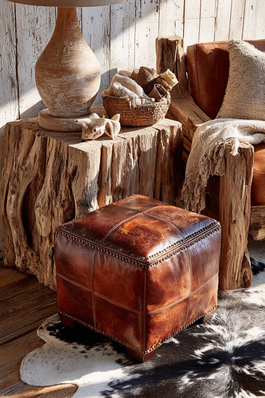 Textured Seating with Leather Ottoman