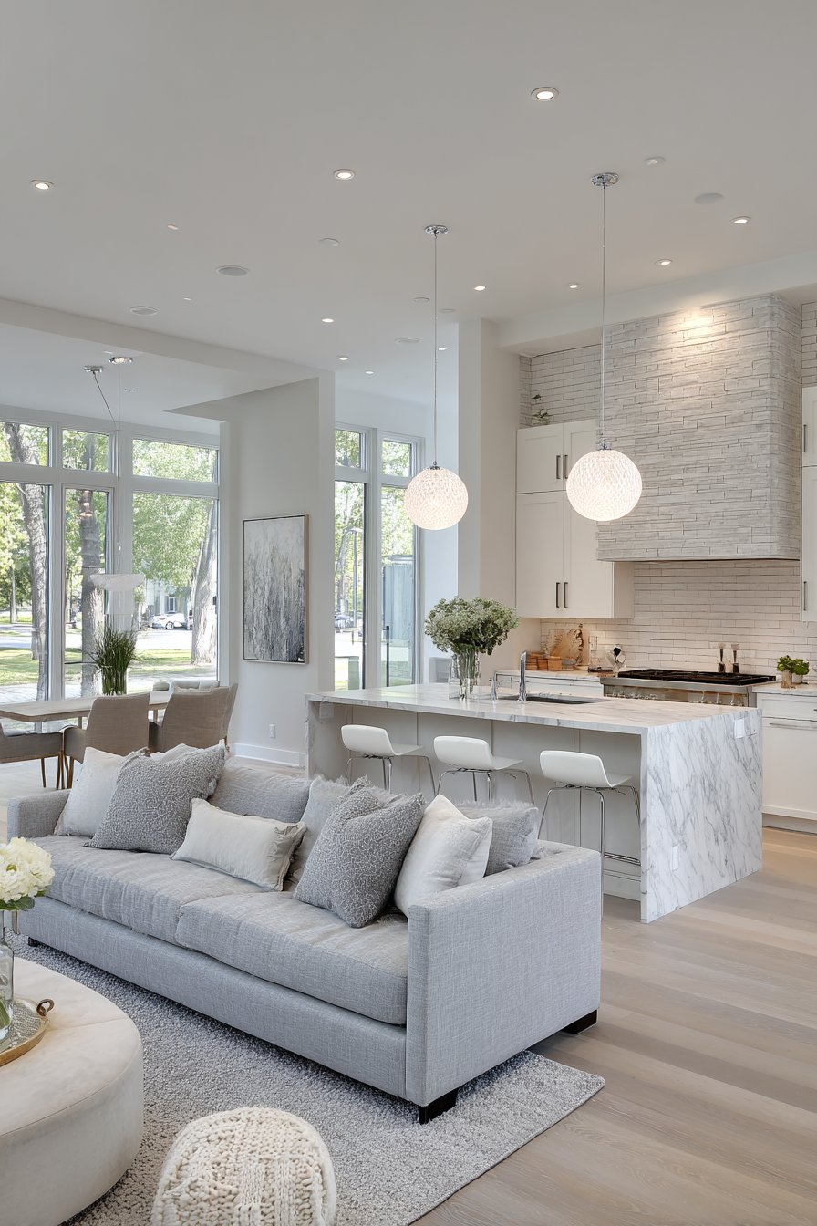 Open-Concept Grey and White Kitchen with Living Space Connection
