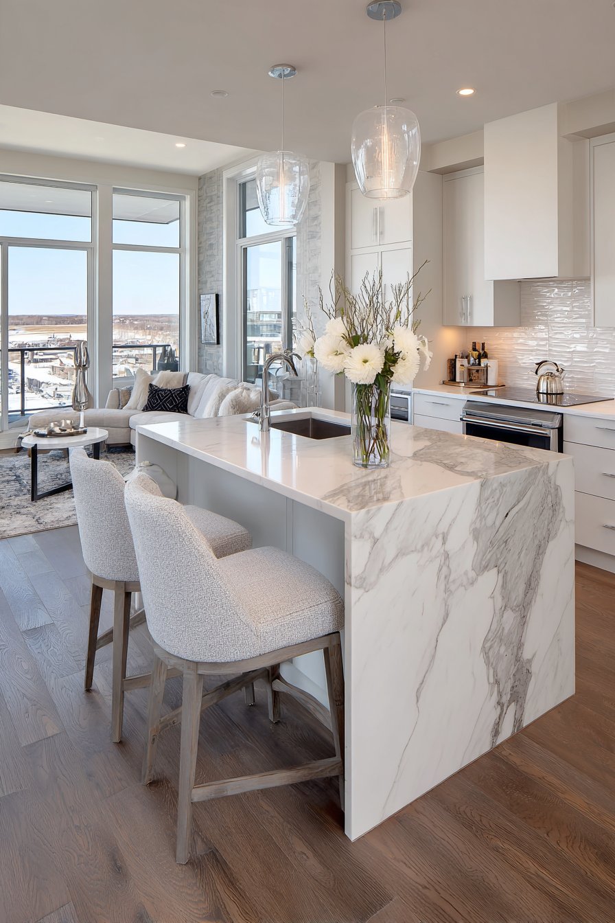 Open-Concept Grey and White Kitchen with Living Space Connection