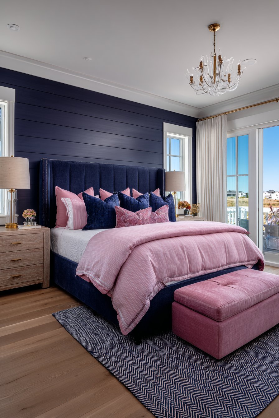 Blush Pink Ceiling with Navy Upholstered Walls