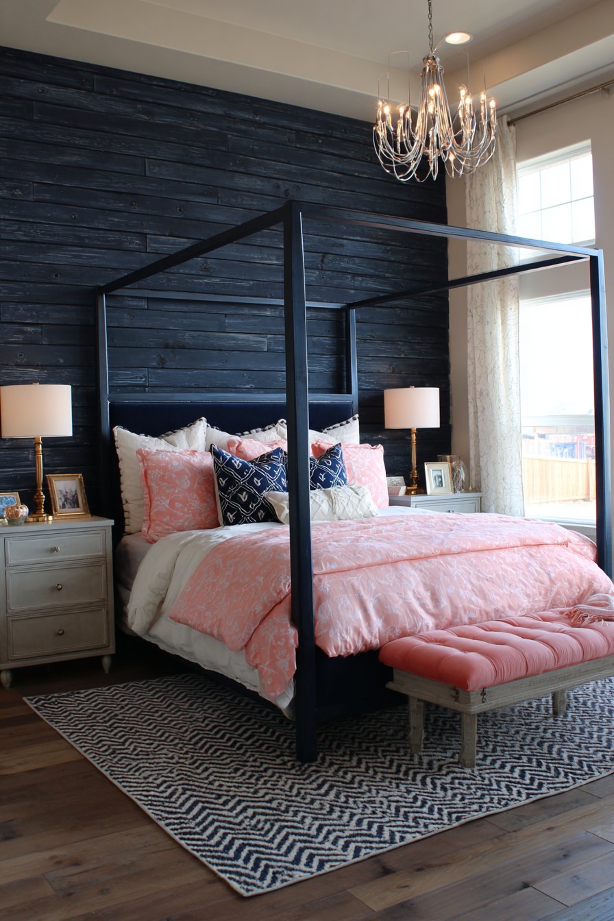 Blush Pink Ceiling with Navy Upholstered Walls