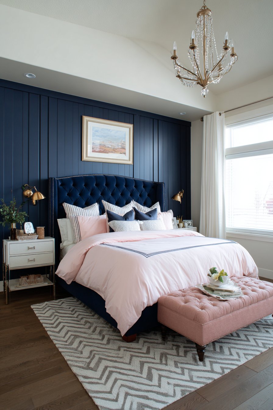 Blush Pink Ceiling with Navy Upholstered Walls