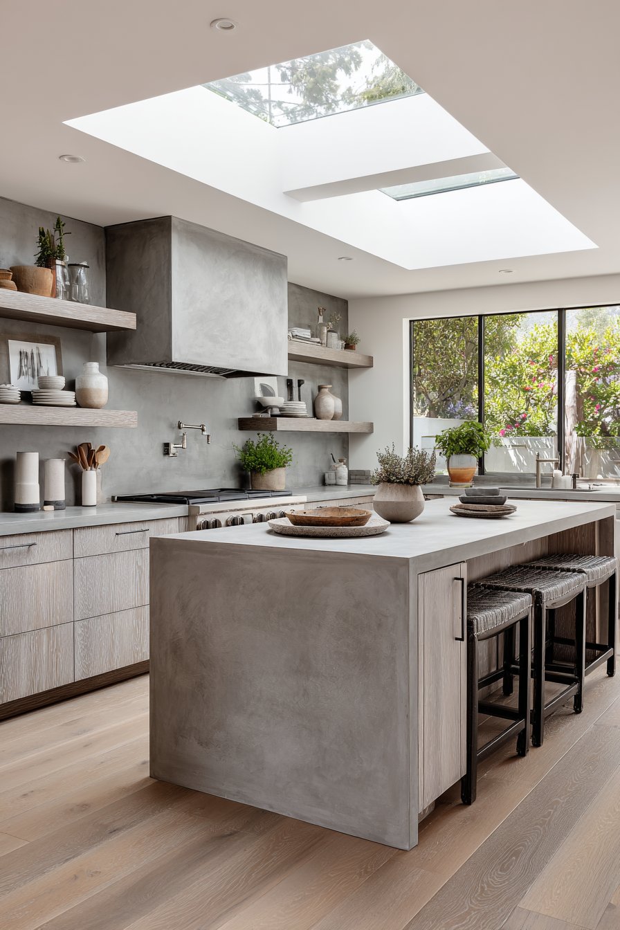 Concrete Range Hood with Brass Details