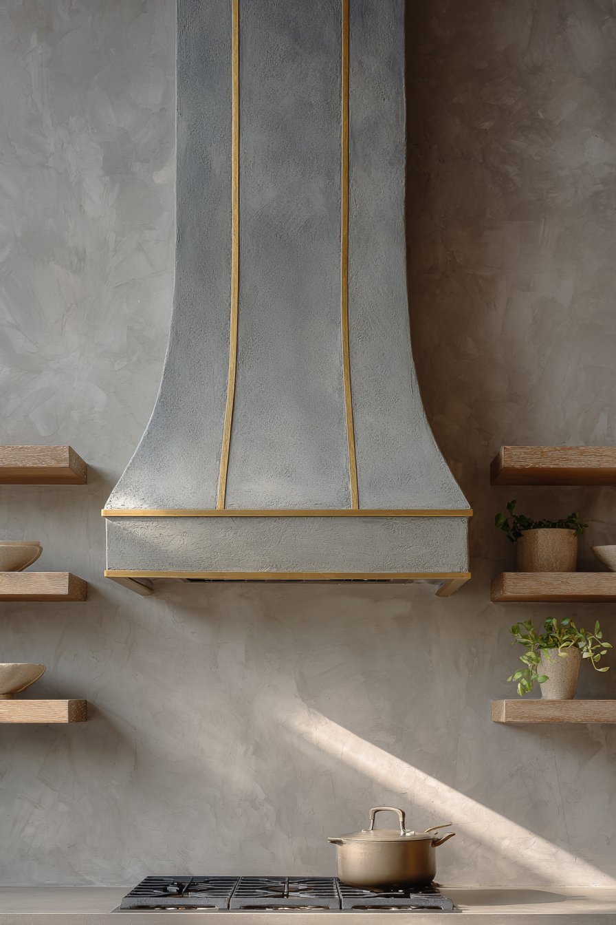 Concrete Range Hood with Brass Details