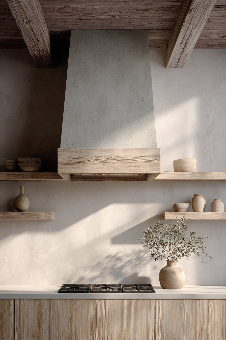 Concrete Range Hood with Brass Details