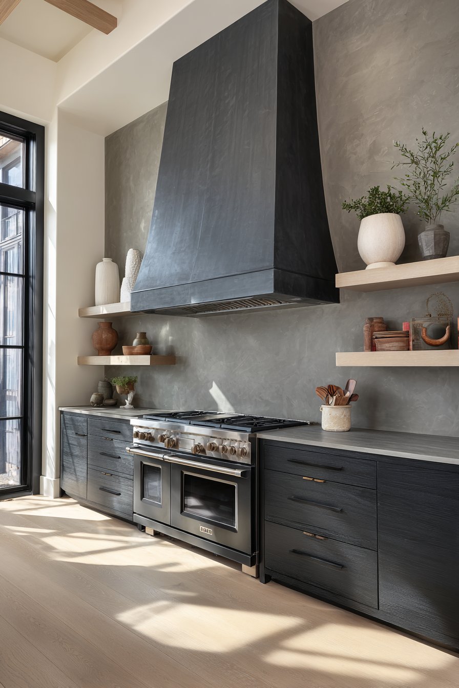 Concrete Range Hood with Brass Details