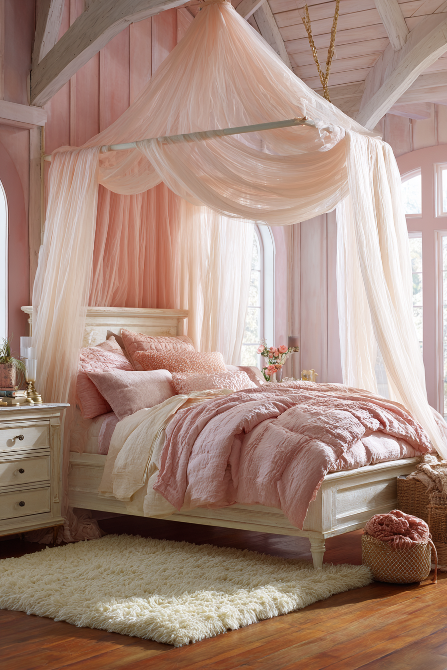 Ethereal Pink Canopy Bed Romance