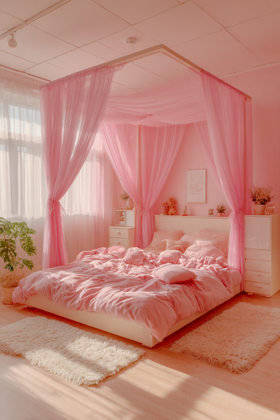 Ethereal Pink Canopy Bed Romance