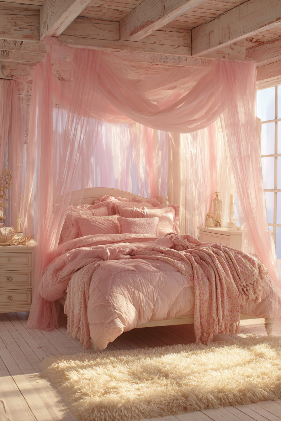 Ethereal Pink Canopy Bed Romance
