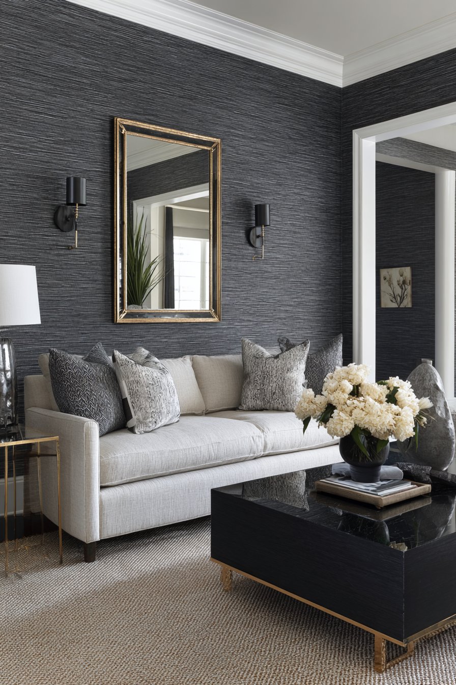 Textured Black Grasscloth Accent Wall