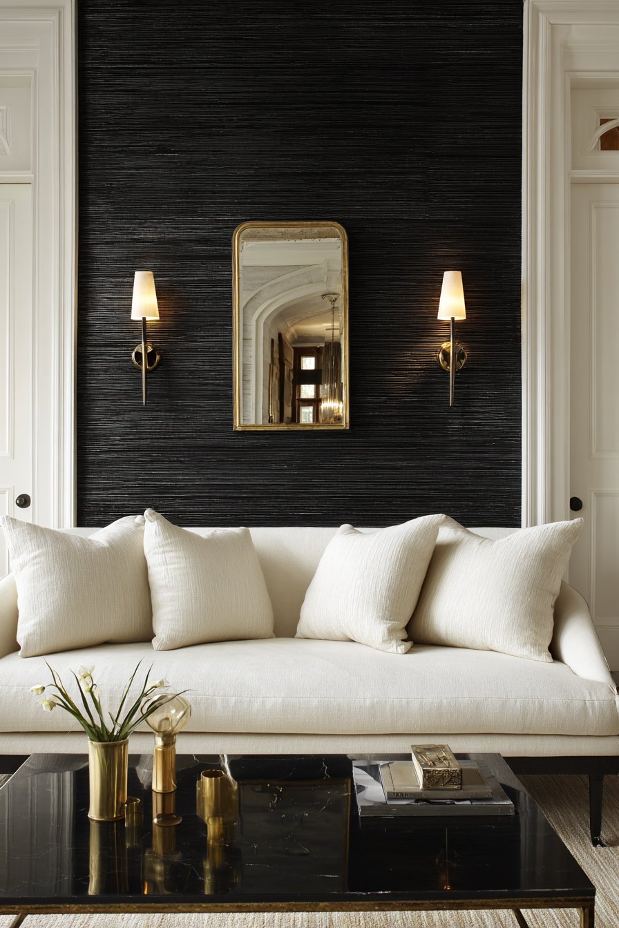 Textured Black Grasscloth Accent Wall