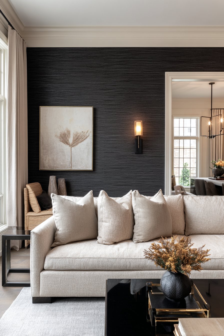 Textured Black Grasscloth Accent Wall